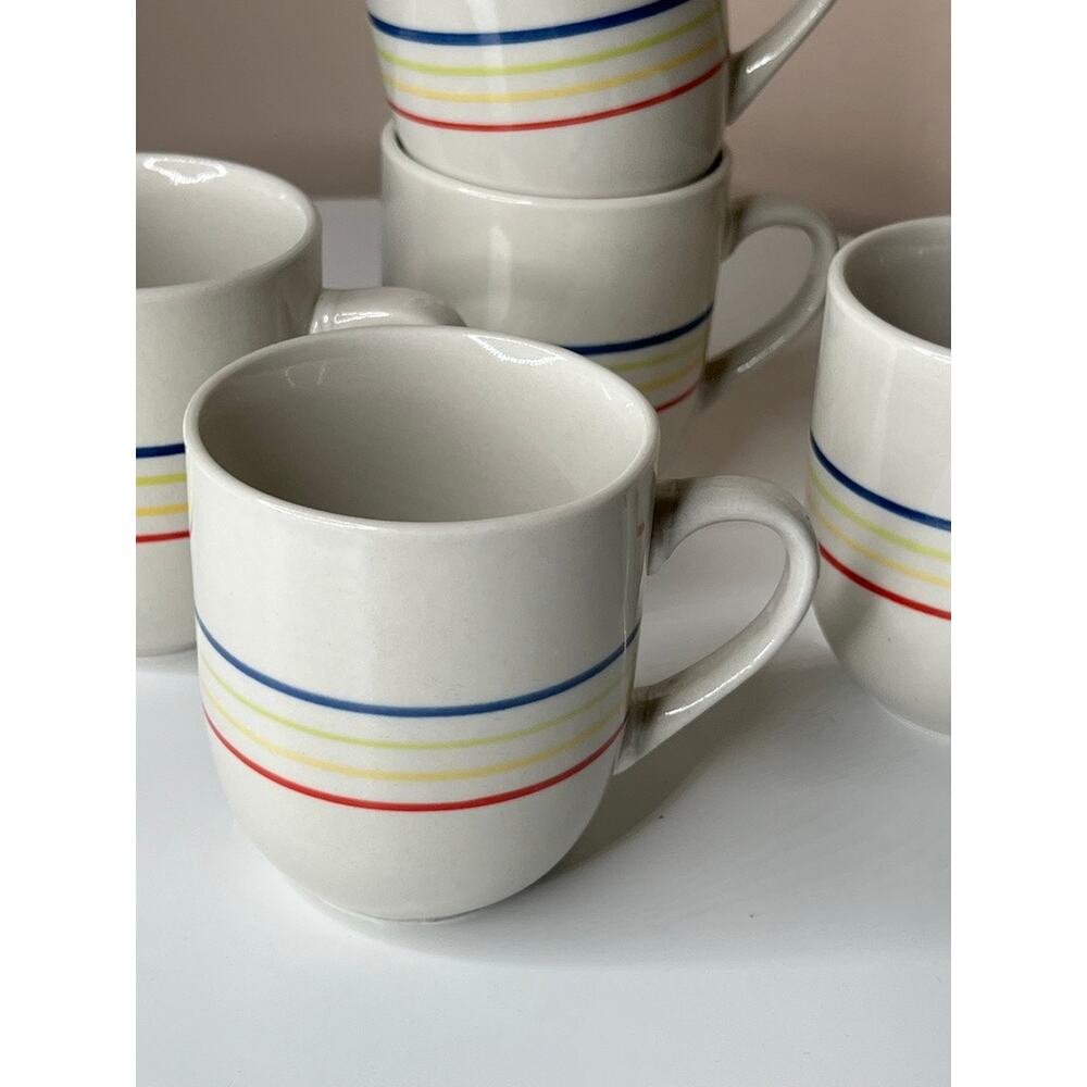 VTG Totally Today Rainbow Striped Coffee Mugs Set of 5 White Ceramic China 8oz